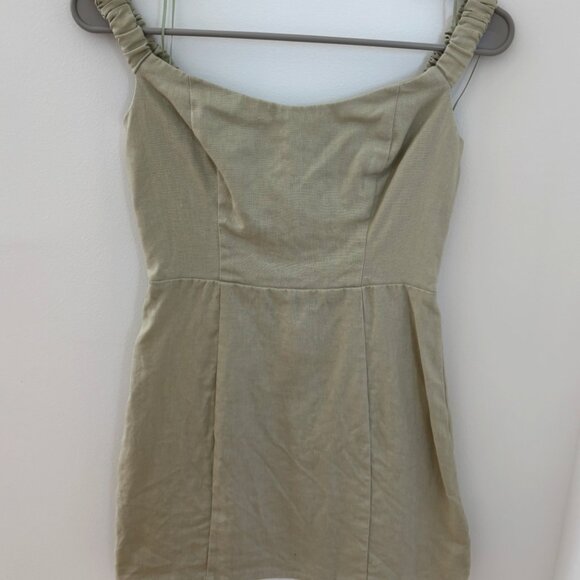 Reformation Dress Sawyer Linen Off-Shoulder Mini Green Dried Herbs - Picture 3 of 4